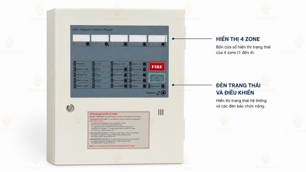 tủ AH-00212-4L hiển thị bốn zone và các đèn trạng thái